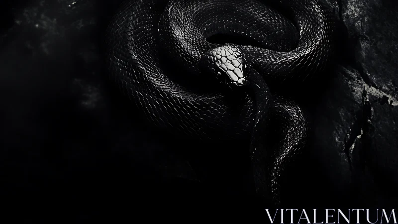 Coiled black snake lies on dark textured rock surface