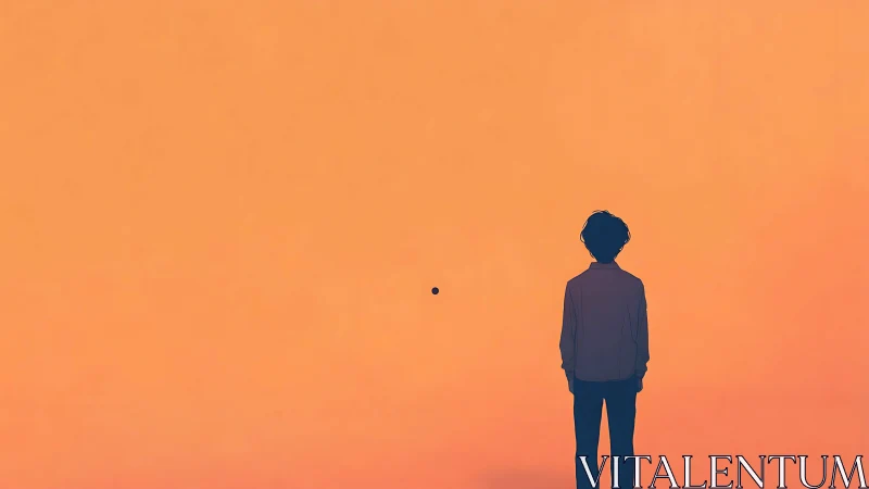 Silhouette of person facing small object on orange field.