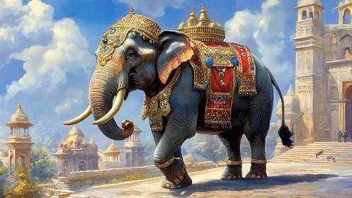 Regally adorned elephant strides through ornate palace courtyard
