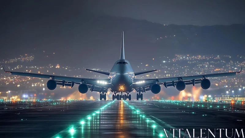 Nighttime widebody jet on illuminated city runway.