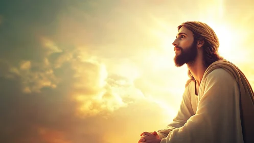 Praying robed man gazes heavenward in glowing sunset light.