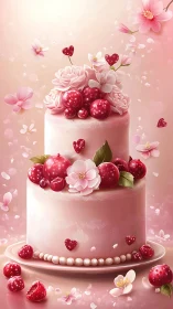 Romantic Two-Tier Cake with Pink Frosting and Red Berries