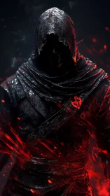 Hooded warrior in dark armor stands amid drifting red embers
