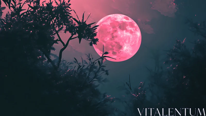 Crimson moonrise framed by silhouetted twilight forest canopy.