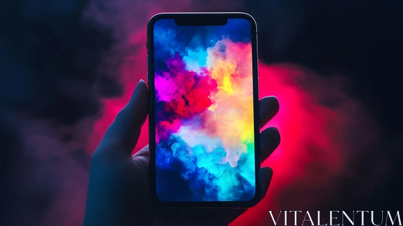 Smartphone display emits neon cloud spectrum in low key lighting