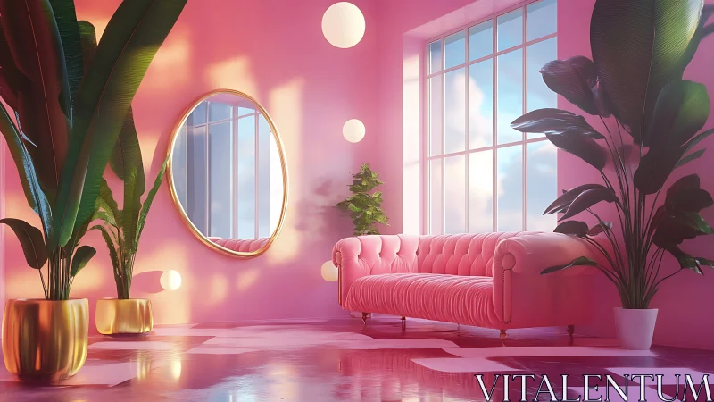Chromatic interior with pink sofa, glossy floor, and foliage.