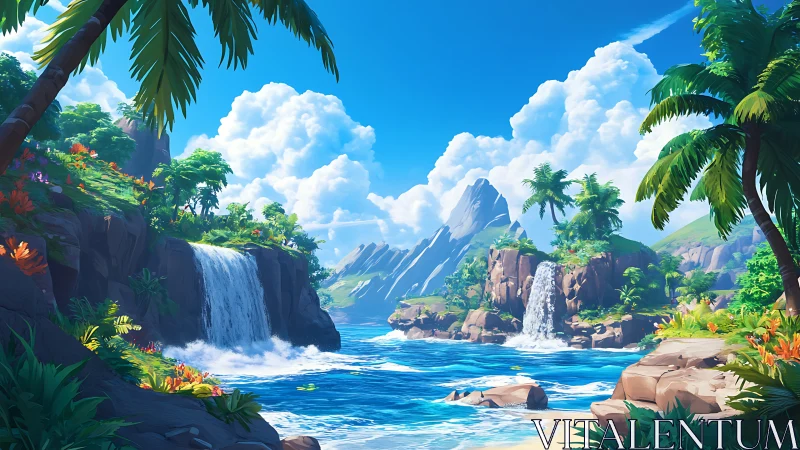 Tropical Paradise Waterfall Sanctuary: Digital Landscape Painting.