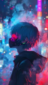 Neon-breathing wanderer exhales ghosts into the city haze