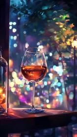 Wine glass by window with colorful urban night bokeh.