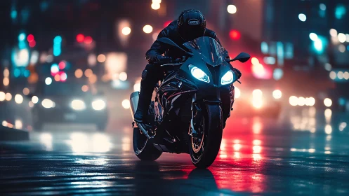 Sport motorcycle cuts through wet neon city traffic at night