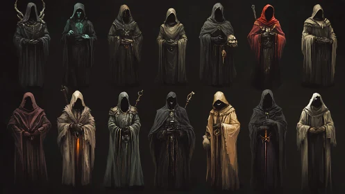 Council of Hooded Arcanists in ember-lit ceremonial dusk.