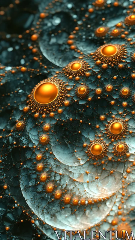 Golden fractal spheres glow across a swirling teal cosmos