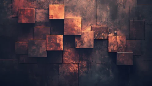 Rust textured metal cubes form staggered geometric relief