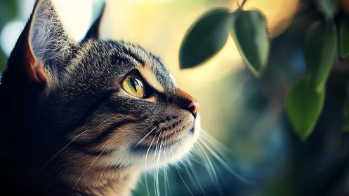 Tabby cat gazes upward with striking golden eyes in natural light.