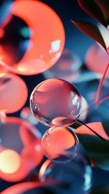 Neon soap bubbles drift through a tangle of glowing leaves