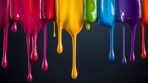 Vivid liquid paint drips in bright rainbow glossy colors.