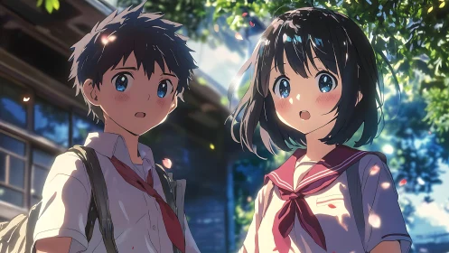 Sunlit schoolyard moment with two shy anime friends.