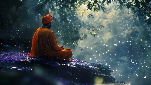 Meditative monk rests in a glowing, enchanted forest stream.