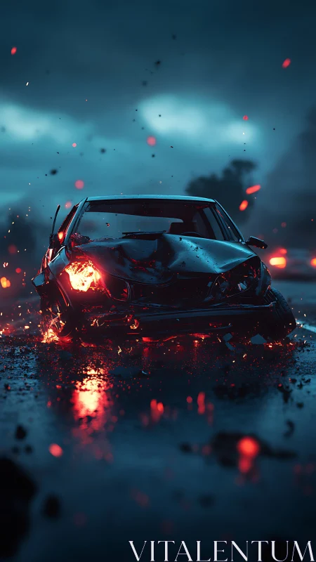Burning night crash scene glowing against stormy darkness.