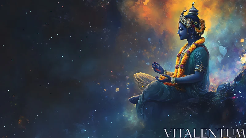 Celestial blue deity resting in a glowing cosmic dreamscape.
