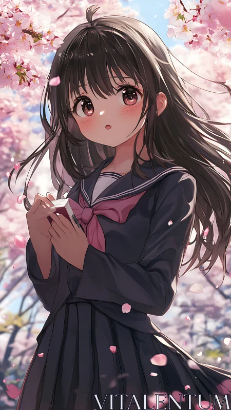 Schoolgirl stands beneath cherry blossoms holding folded paper