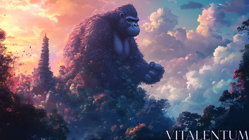 Colossal gorilla guardian towering above misty temple forest.