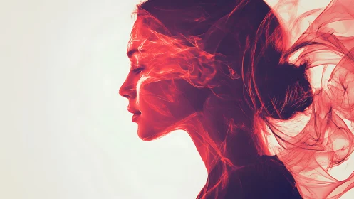 Profile of woman blended with flowing red smoke forms.