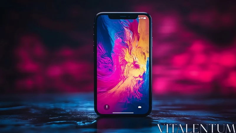 Neon-slick smartphone cradles swirling cosmic paintstorm.