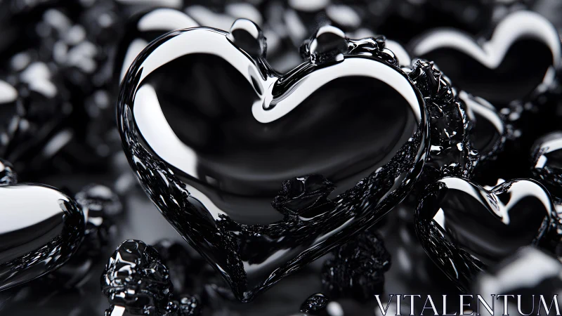 Glossy Black Liquid Heart in Abstract Modern Art Style.