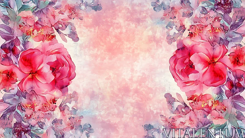 Blooming Pink Peonies Frame Dreamy Watercolor Garden.
