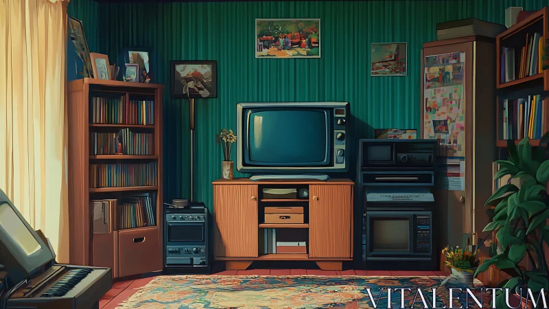 Retro living room with CRT TV, stereo stack and wooden shelves