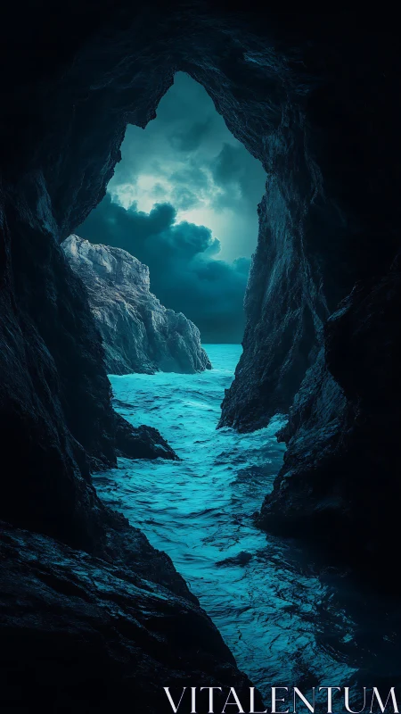 Moody sea cave frames glowing turquoise storm horizon.