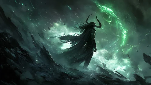 Horned warlock commands swirling emerald storm sky.