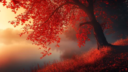 Backlit red maple over misty lake rendered in warm hues