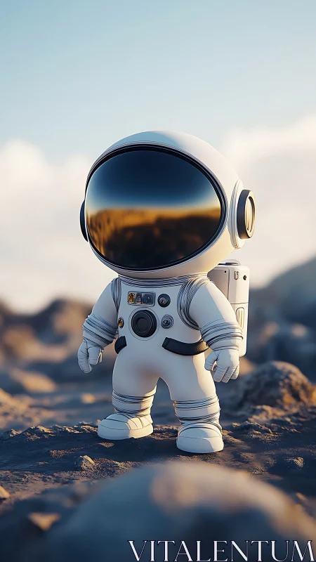 Tiny stargazing astronaut explores a dreamy rocky planet.