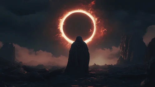 Cloaked figure observing fiery circular eclipse in wasteland.