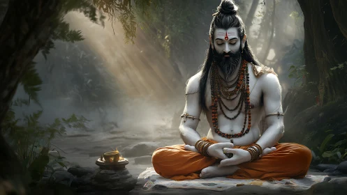 Meditating ascetic figure sits cross-legged in forest clearing