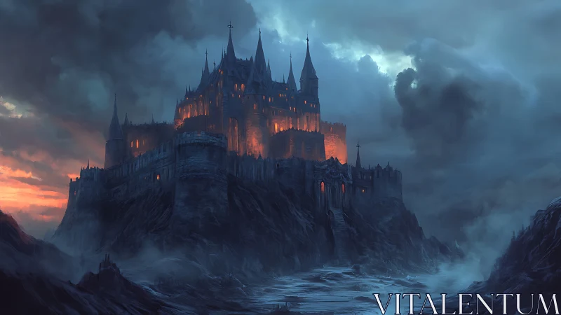Stormlit cliffside castle glows warmly against moody skies
