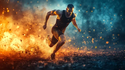 Sprinter accelerates through fiery ground and cool smoke