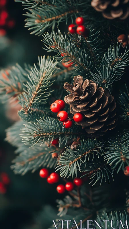 Pinecone rests among evergreen needles with red winter berries