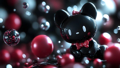 Glossy midnight mascot quietly orbits among crimson spheres