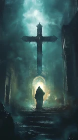 Mysterious robed wanderer walks toward a glowing cross