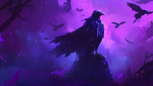 Mystic raven guardian in a swirling violet twilight storm.