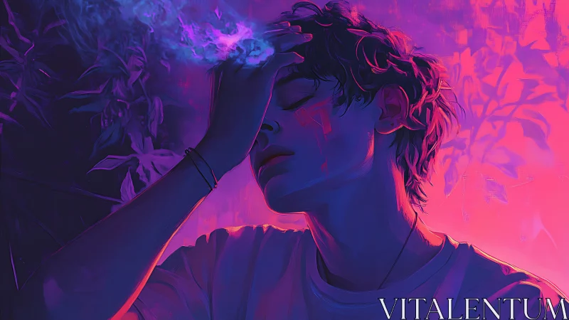 Moody neon portrait of pensive youth in vivid lighting.