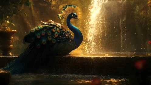 Regal peacock rests beside glowing forest waterfall pool
