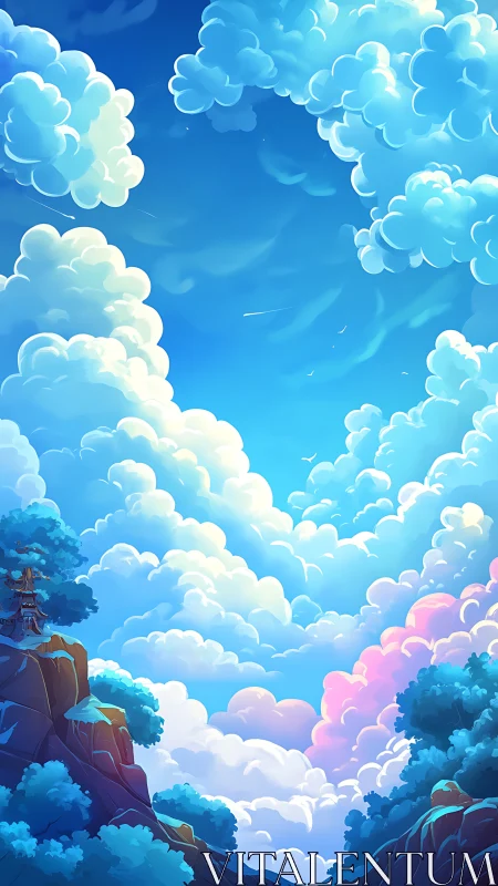 Sunlit dream clouds drifting above peaceful blue hills.