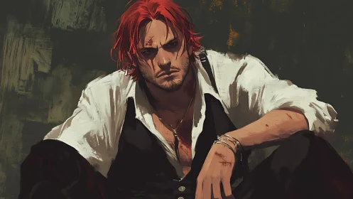 Seated red haired man in white shirt with bruised features.