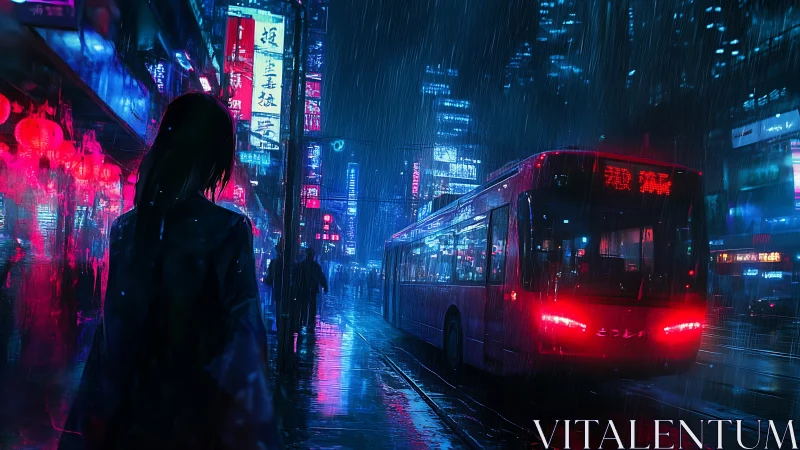 Neon rain stitches a lone wanderer to a crimson city bus