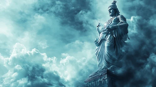 Colossal mythic deity statue emerging through turbulent clouds.