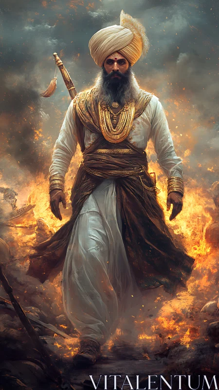 Turbaned warrior in ornate garments amid rising flames.